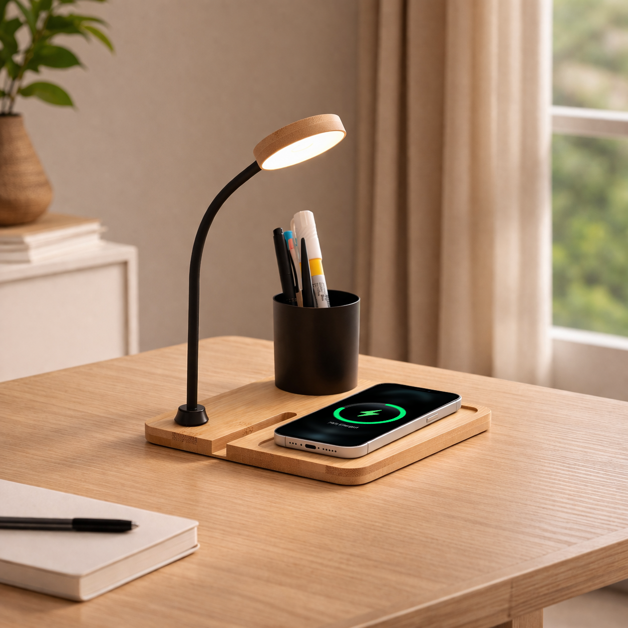 WoodWave 15W Wireless Charger, LED Lamp, Metal Pen Holder & Phone Stand