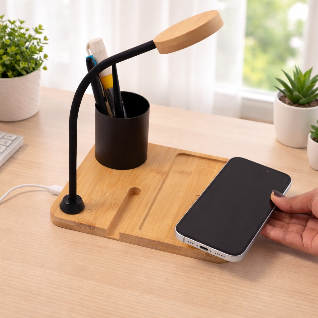 WoodWave 15W Wireless Charger, LED Lamp, Metal Pen Holder & Phone Stand
