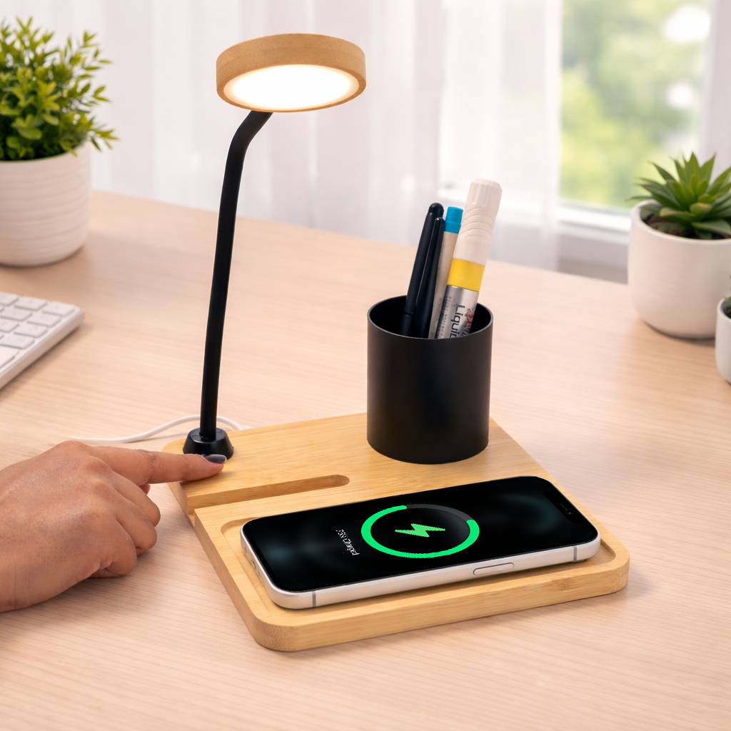 WoodWave 15W Wireless Charger, LED Lamp, Metal Pen Holder & Phone Stand