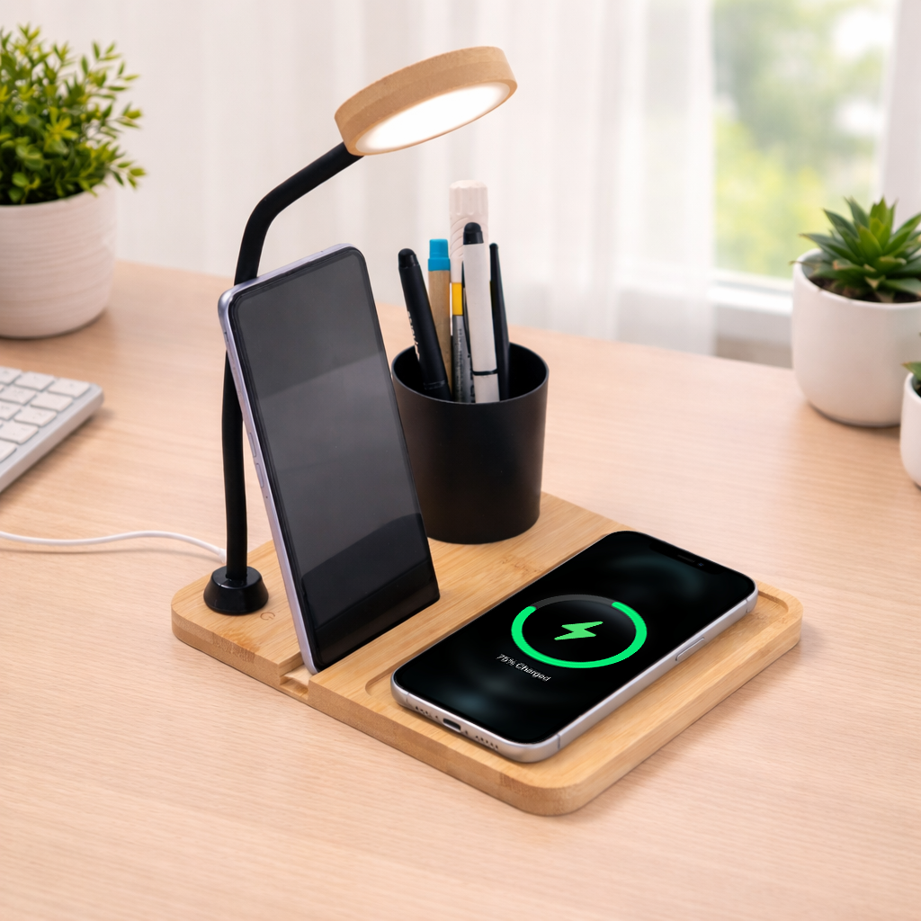 WoodWave 15W Wireless Charger, LED Lamp, Metal Pen Holder & Phone Stand