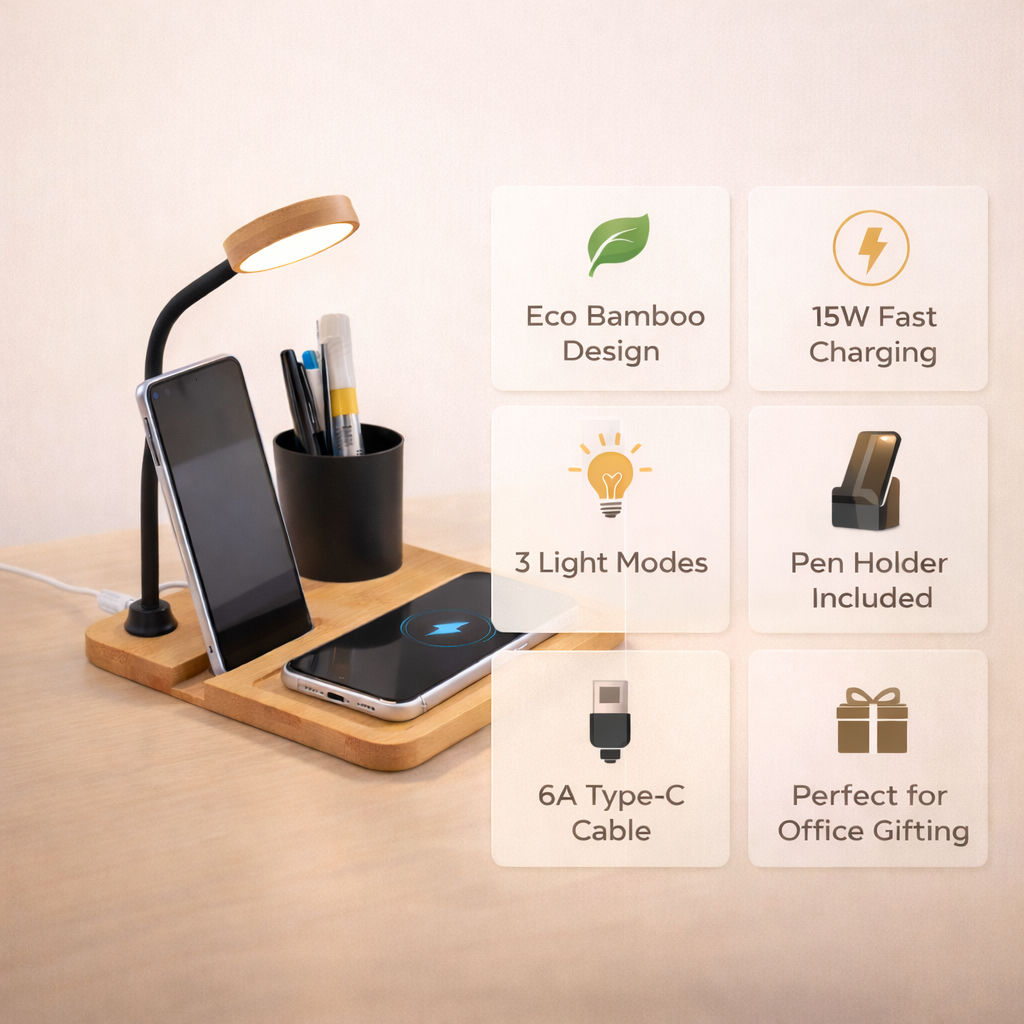 WoodWave 15W Wireless Charger, LED Lamp, Metal Pen Holder & Phone Stand