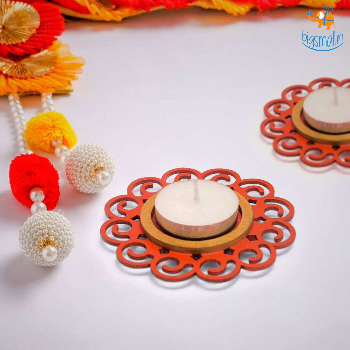 Decorative Wooden Tea Light Holder - Set of 2